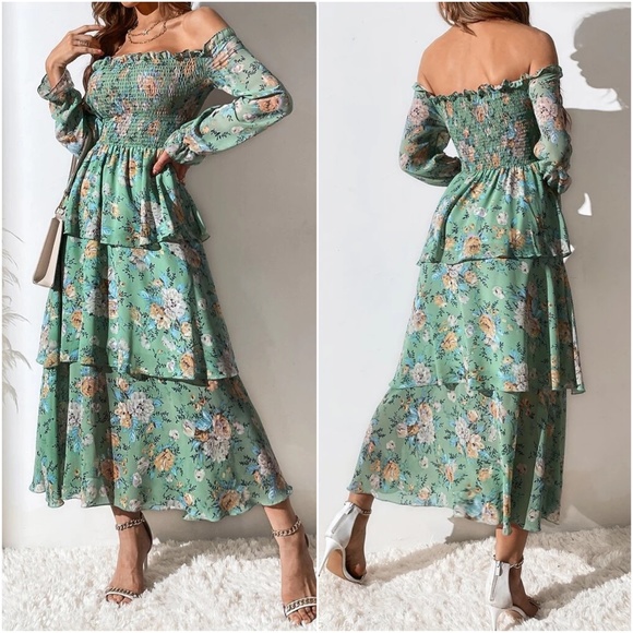 Boho Floral Print Off Shoulder Maxi Dress - Picture 4 of 7